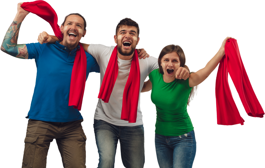 Three sports fans cheering with red scarves