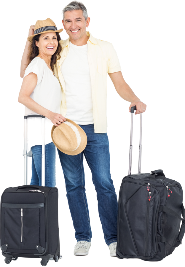 Couple with suitcases and a sun hat, ready to travel